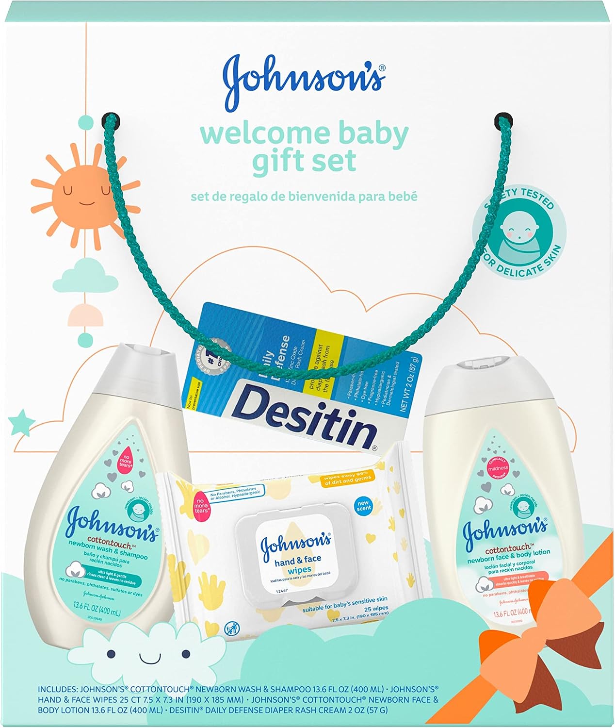 Johnson's Baby Welcome Baby Gift Set, Newborn Skincare with Body Wash & Shampoo, Face & Body Lotion, Wipes for Hands & Face & Diaper Rash Cream for Delicate Skin, 4 Count