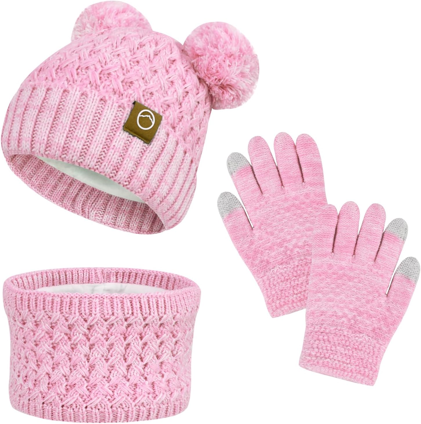 Kids Winter Hat Gloves Scarf Set,Toddler Girls Winter Hat Kids Beanie with Pom Neck Warmer Gaiter Mittens Fleece Lined Set