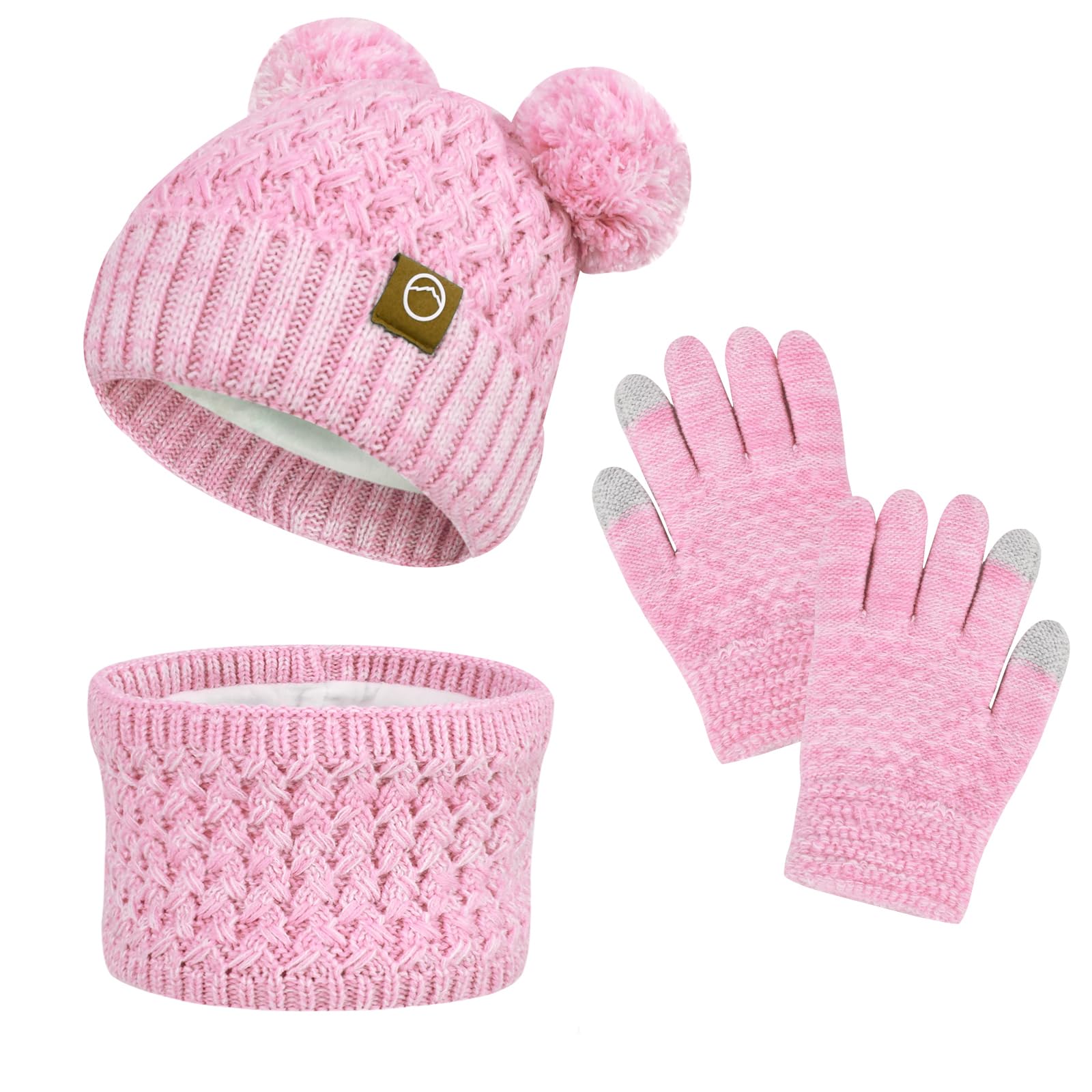 Kids Winter Hat Gloves Scarf Set,Toddler Girls Winter Hat Kids Beanie with Pom Neck Warmer Gaiter Mittens Fleece Lined Set