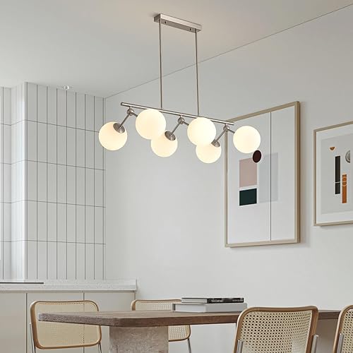 Miniatura 6 de Candelabro lineal moderno de 6 luces con globo de cristal de leche Sputnik, lámpara colgante plateada para cocina, isla de comedor, sobre mesa
