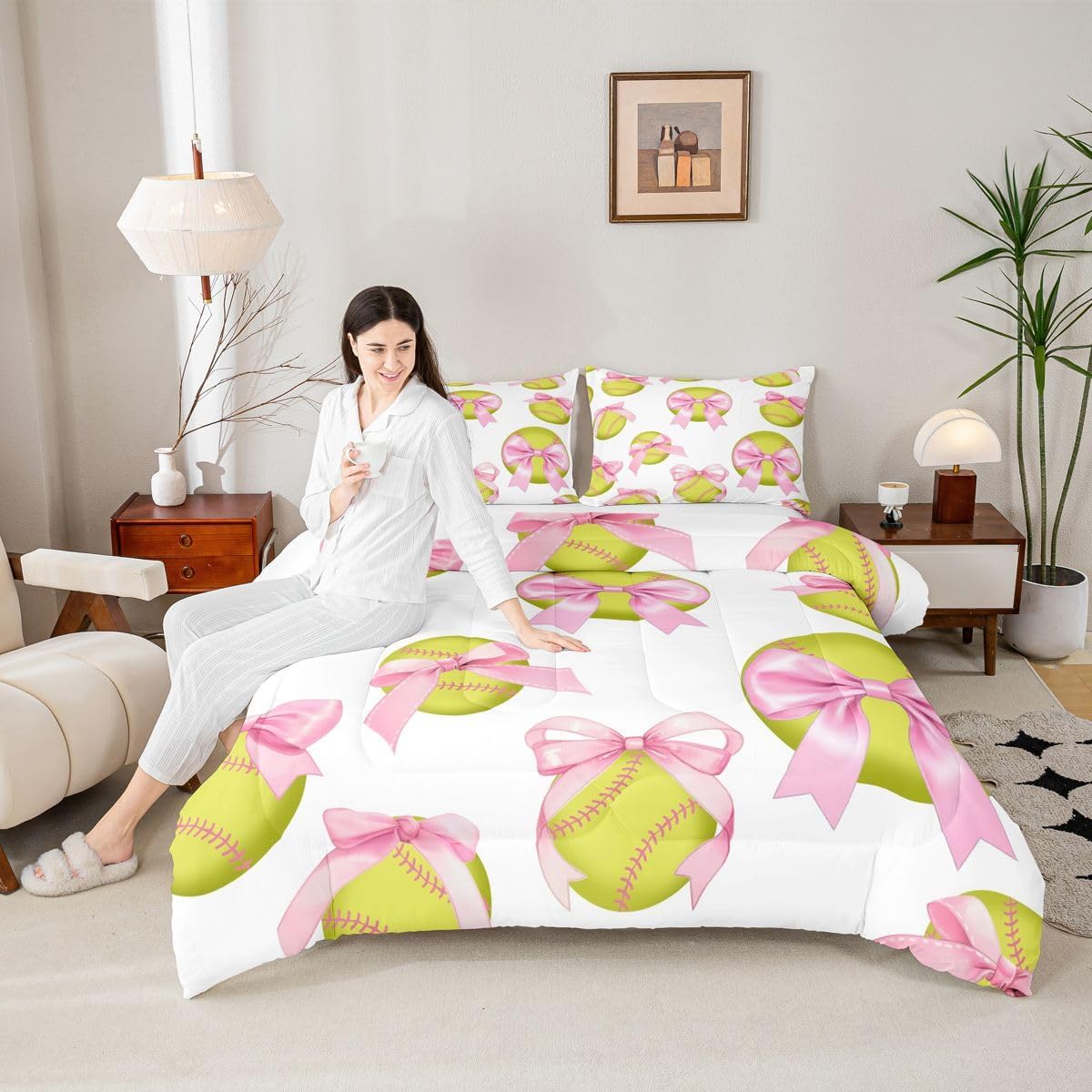 Cute Softball Comforter Set Queen Size,Pink Bowknot Print Bedding Sets 3Pcs for Kids Girls Boys Women Room Decor,Ball Sports Gaming Quilted Duvet Softball Player Down Comforter,2 Pillowcases