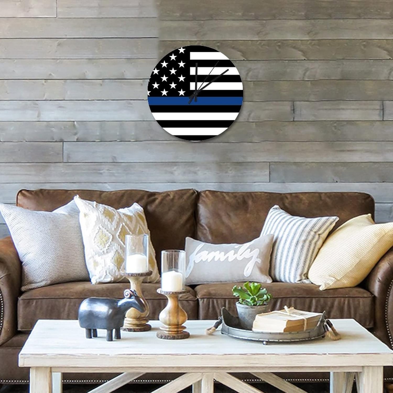 12 Inch Retro Vintage Thin Blue Line Black American Flag Clock Silent Non-Ticking Battery Operated Honoring Law Enforcement Officers Wooden Decorative Round Clock for Home Living Room