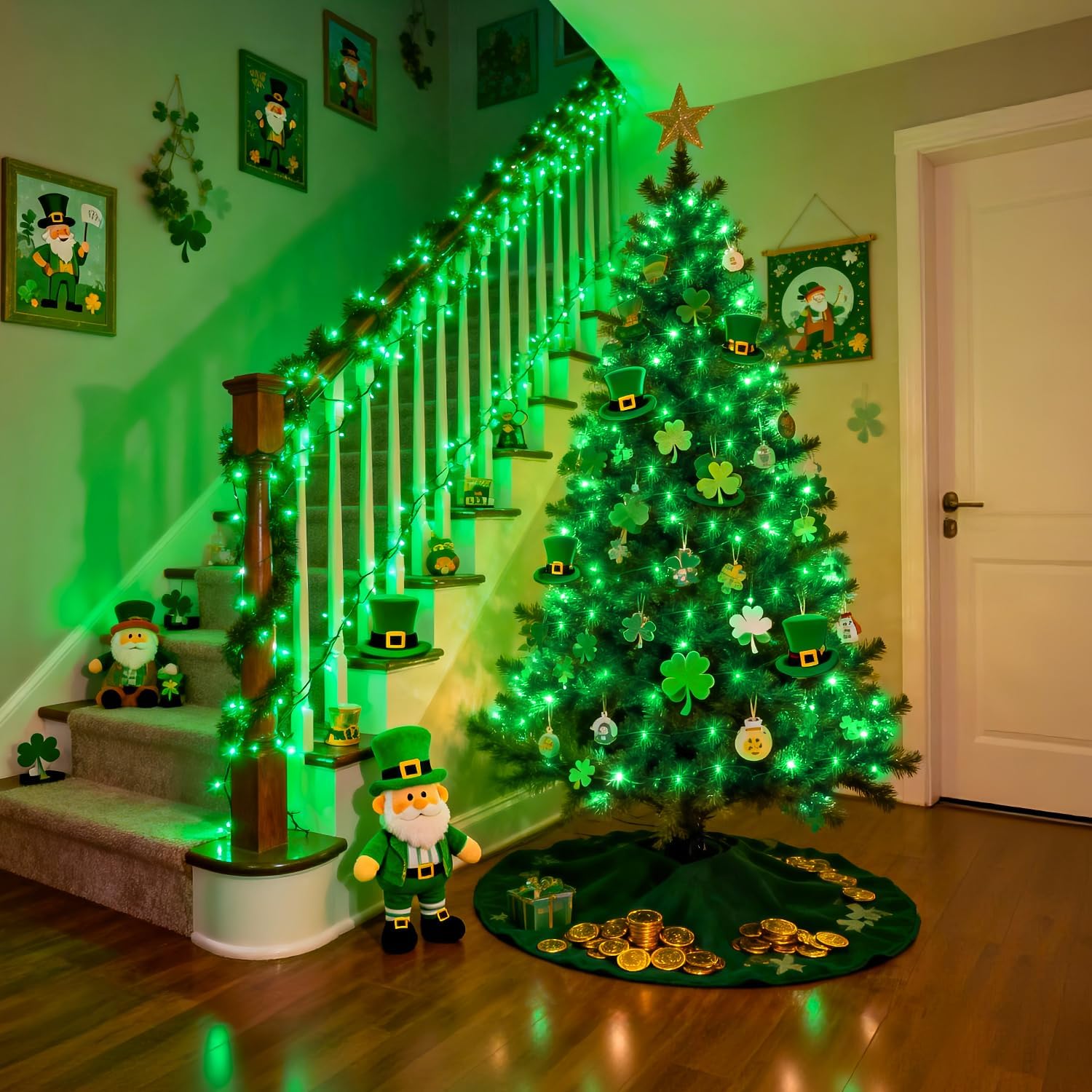 JMEXSUSS 2 Pack Green Christmas Lights for St Patrick, Each 33 FT 100 LED Green Battery Operated Lights, Battery Operated String Light Outdoor for Outside St Patrick Decoration Tree House Garden Decor - Image 4