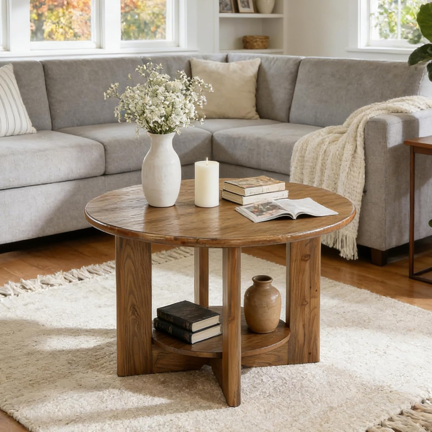 Tribesigns Table Basse Ronde 80 cm, 2 Niveaux avec Rangement, Bois Massif, Style Maison de Campagne, Marron Rustique – Table d’Appoint pour Salon