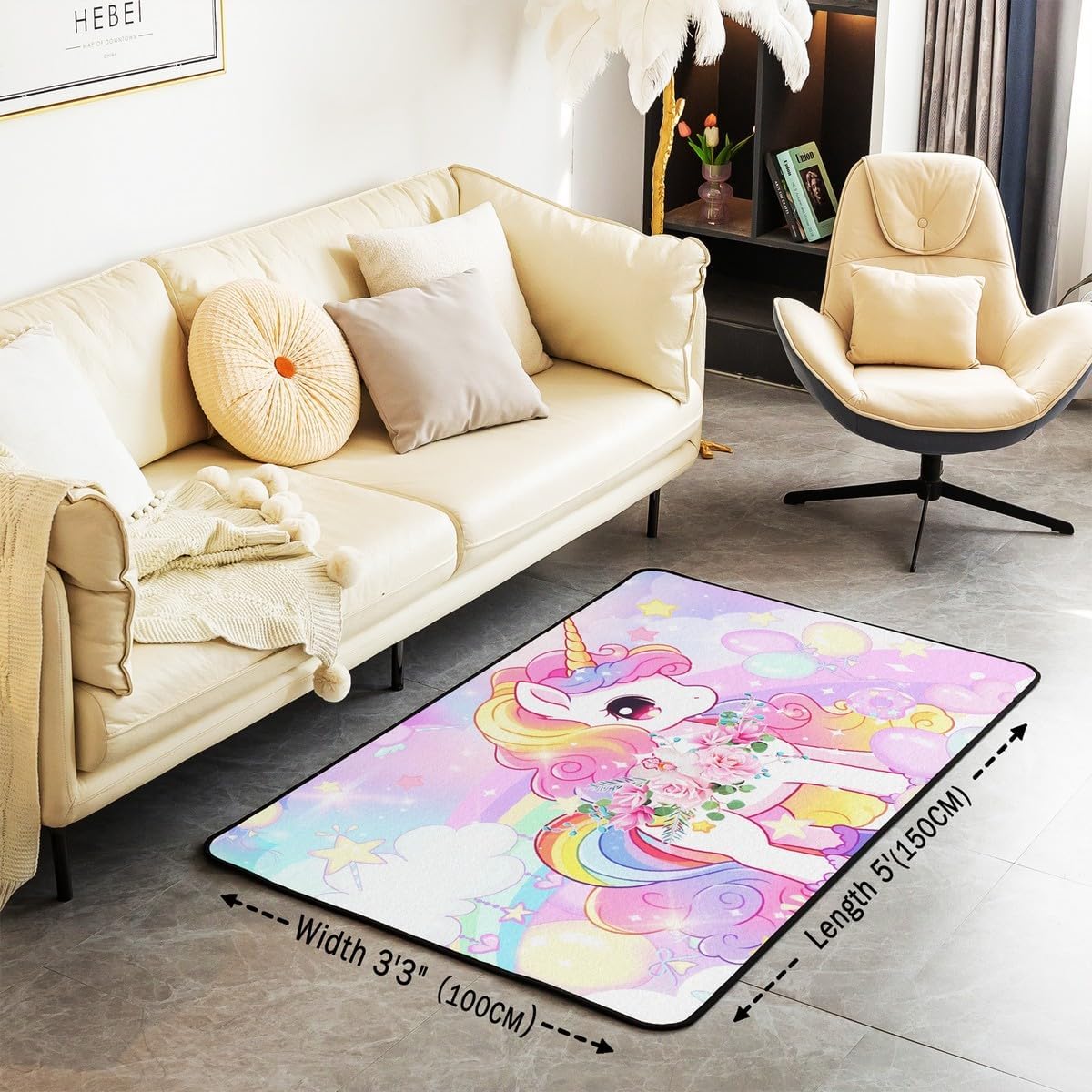 Cute Unicorn Area Rug Lovely Cartoon Animal Pink Flowers Non Slip Rug for Kids Girls Teens Dreamy Tie Dye Clouds Colorful Balloon Indoor Floor Mat for Party Living Room 100cm X 150cm X 1cm