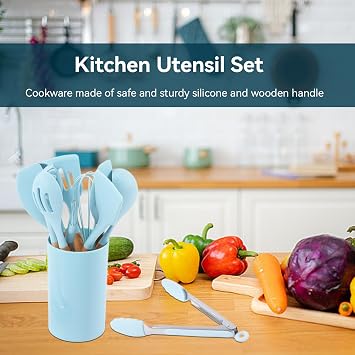12Pcs Kitchen Utensil Set Silicone Cooking Utensils,Cooking Spatula Turner Heat Resistant Nonstick Cookware with Wooden Handle,Silicone Cooking Utensils Kitchen Utensils Kitchen Tool Gadgets