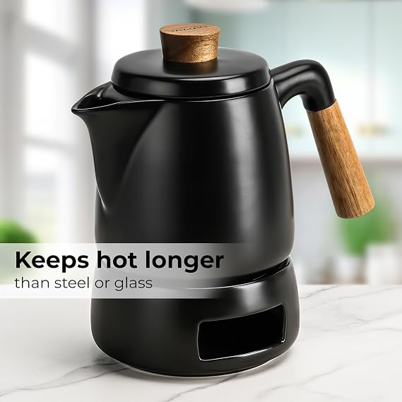 MIAMIO - Teapot Set with Warmer (34 oz) Tea Kettle with Infuser (Black)