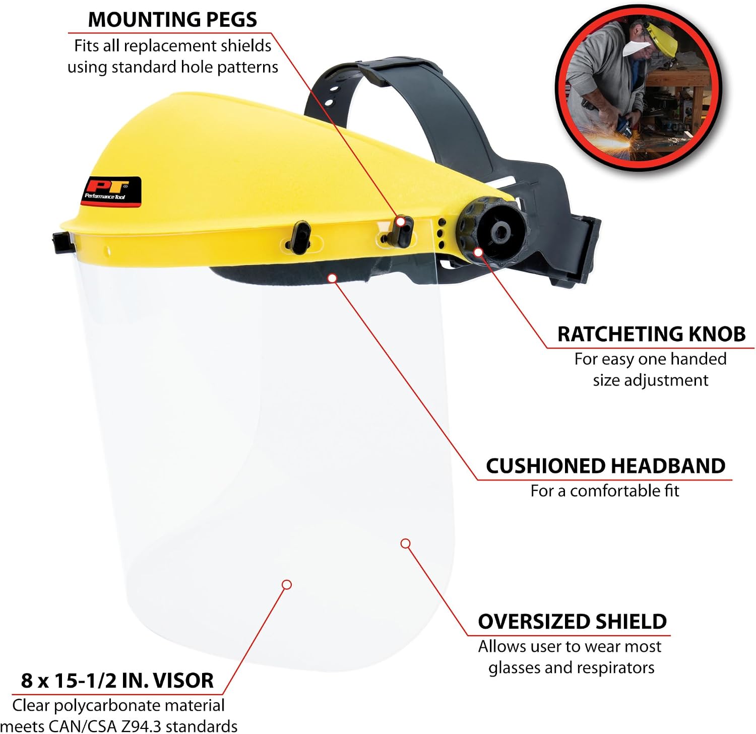 Performance Tool W10030 Wrap Around Face Shield - Clear Polycarbonate Visor with Adjustable Headband for Safety, Industrial and DIY Projects