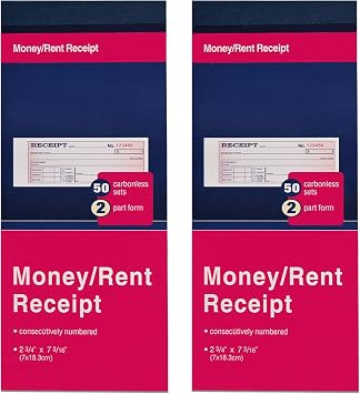 2 Pack Receipt Book with Carbon Copies, Money and Rent Receipt Book 2 Part Carbonless, 2-3/4" x 6-1/2" Receipt Book for Small Business, 50 Sets per Book