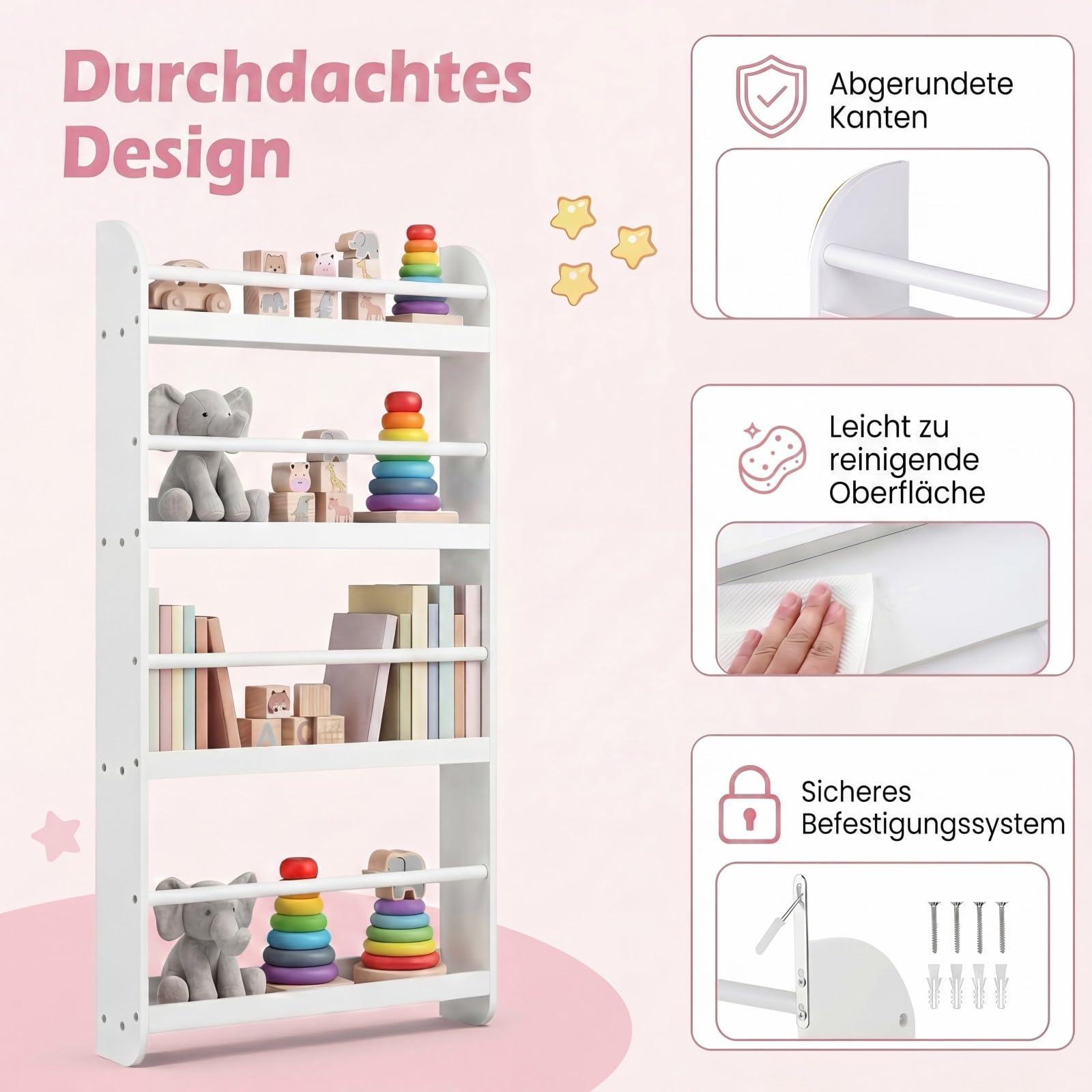 RELAX4LIFE Bücherregal Kinder, Kinderregal Wand mit 4 Fächern, platzsparendes Wandregal, Montessori Spielzeugregal aus Holz, Kinderbücherregal für Kinderzimmer & Spielzimmer, 56 x 12 x 107 cm (Weiß)