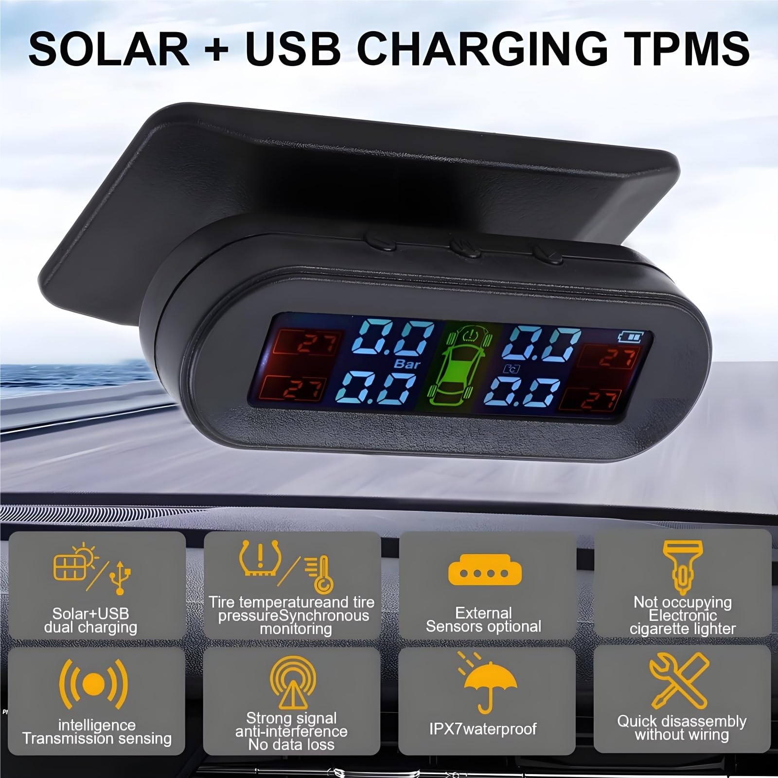 Solar TPMS 4 Externe Sensoren - Solar Lade LCD Monitor Realtime Druck Und Temperaturwarnung IP67 Sensoren PSI/Bar Für Pkw SUV OEM TPMS-4S