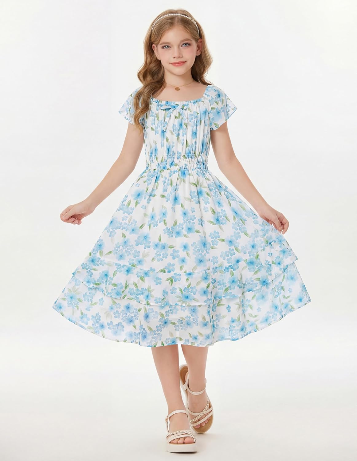 GRACE KARIN Girls Floral Summer Dress Flutter Sleeve Square Neck Midi Casual Dress for Girl 6-14Y - Image 6