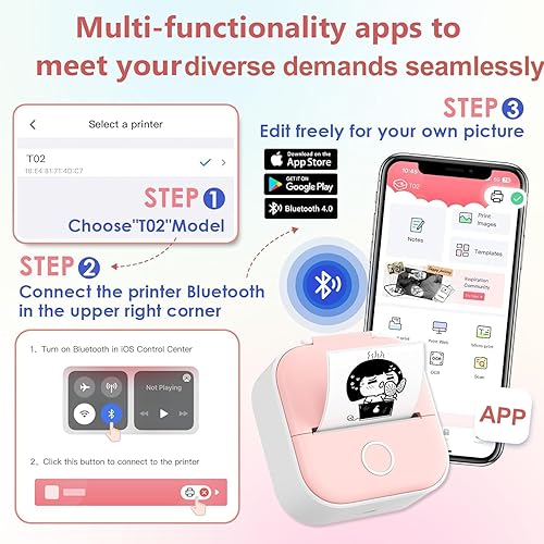 Miniatura 2 de Zoolion T02 Mini impresora de calcomanías, máquina impresora de etiquetas adhesivas con 3 rollos de papel blanco, caja de regalo de papel blanco,