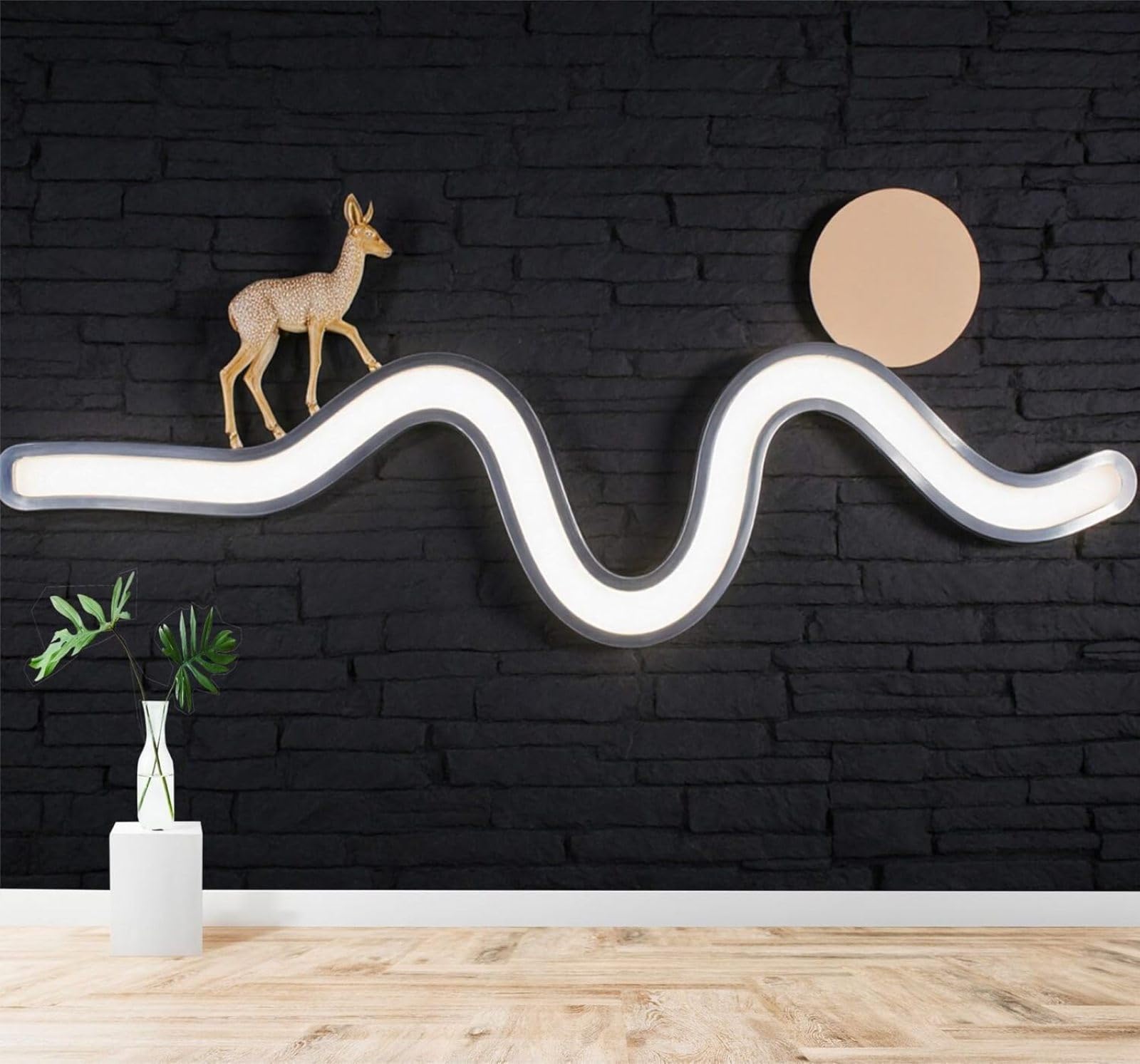 Xlming 400Cm×280Cm(B×H) Minimalist Golden Deer Undulating Light Trail Moon Black Brick Wall 3D Wallpaper Silky Texture Home Study Office Grey Dining Room Sofa Bedroom Living Room Tv Backdrop-400Cm×280Cm