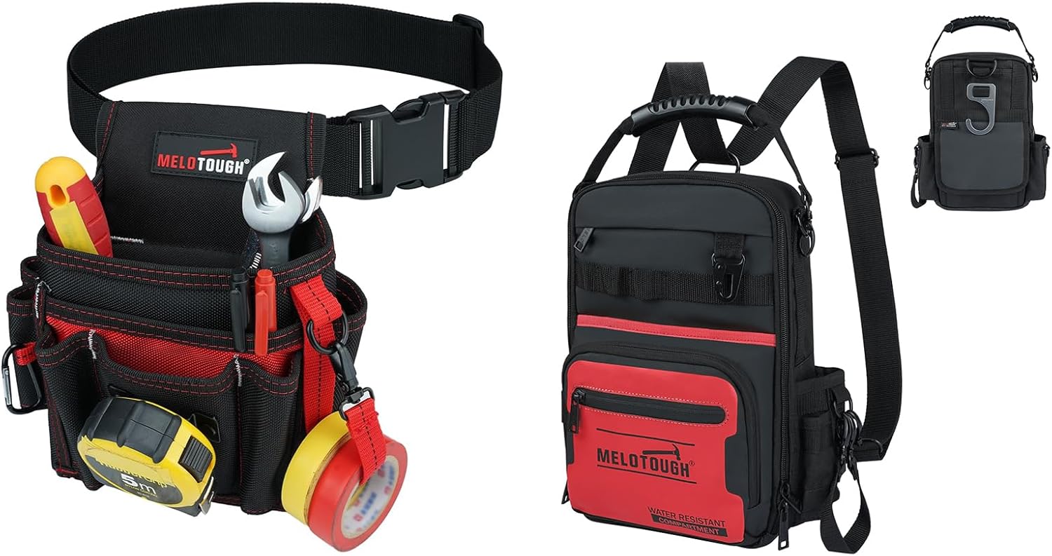 MELOTOUGH Electrician Tool Pouch with Belt Clip, 30 Multi-Storage Pockets Small Tool Backpack for Electrician, HVAC, Technician