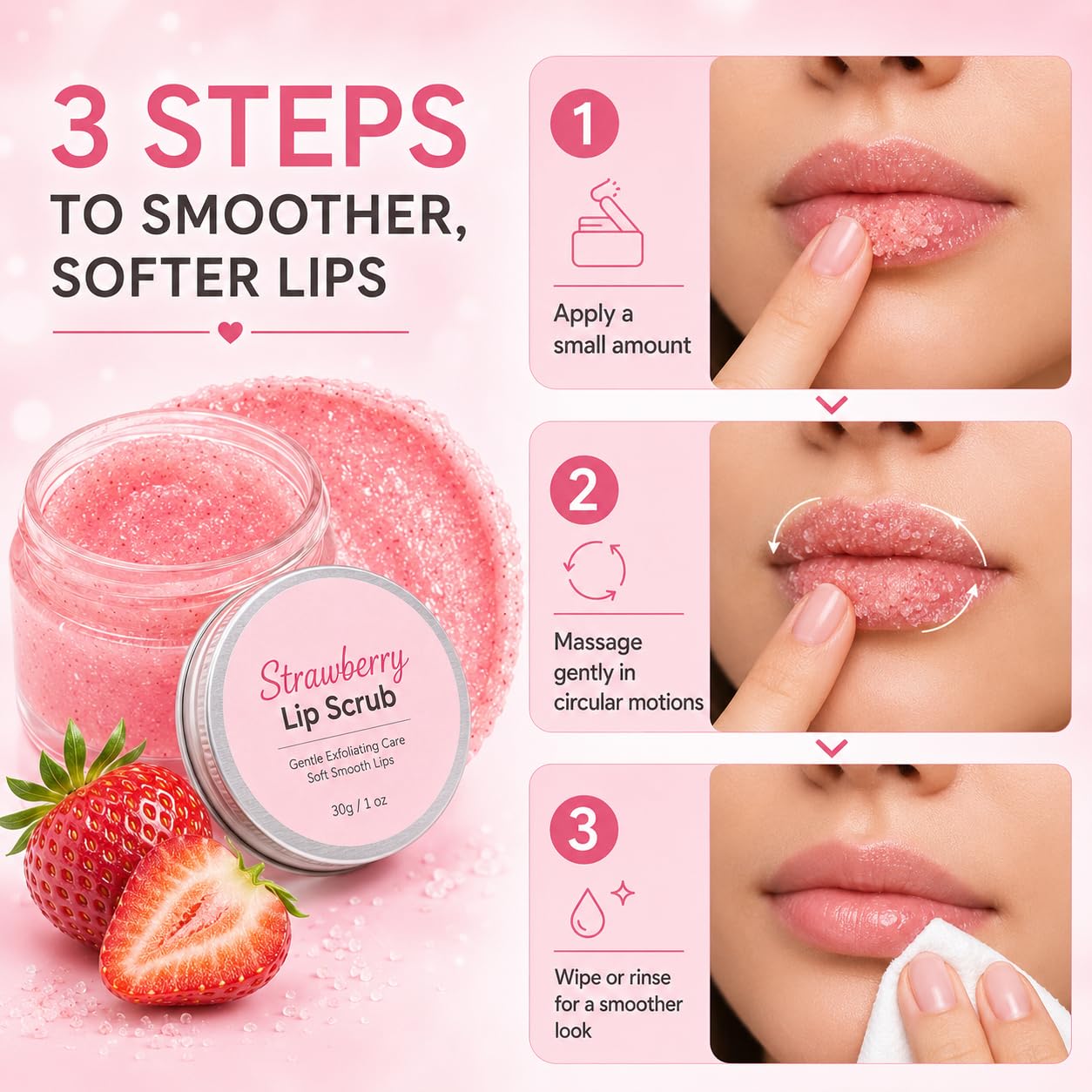 Strawberry Flavored Gentle Lip Scrub Exfoliator，3pack-scrub
