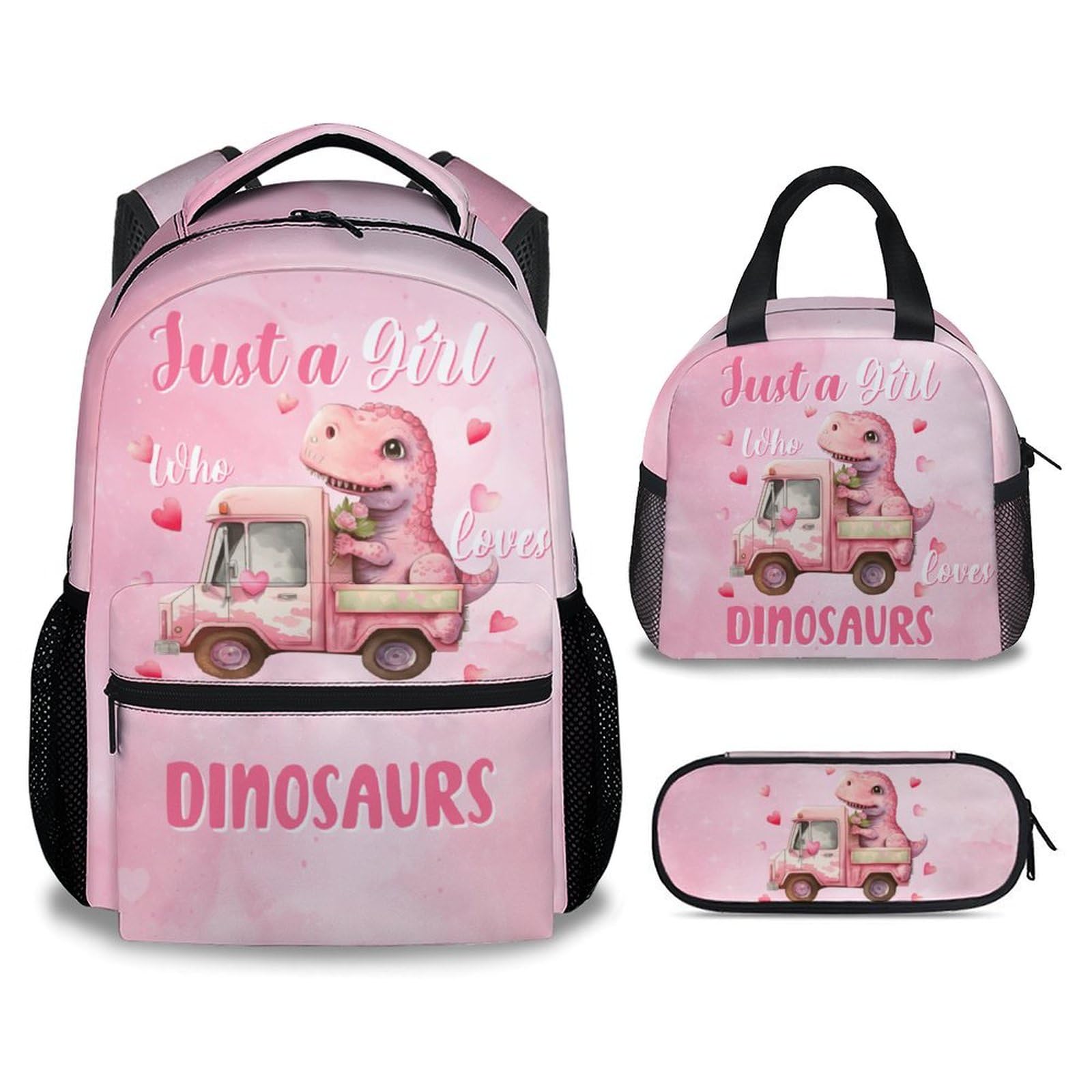 UNIKITTY Backpack with Lunch Box - Girls Backpack for School - Dinosaur Bookbag with Pencil Case - 17 Inch Children's School Bag Set for Primary