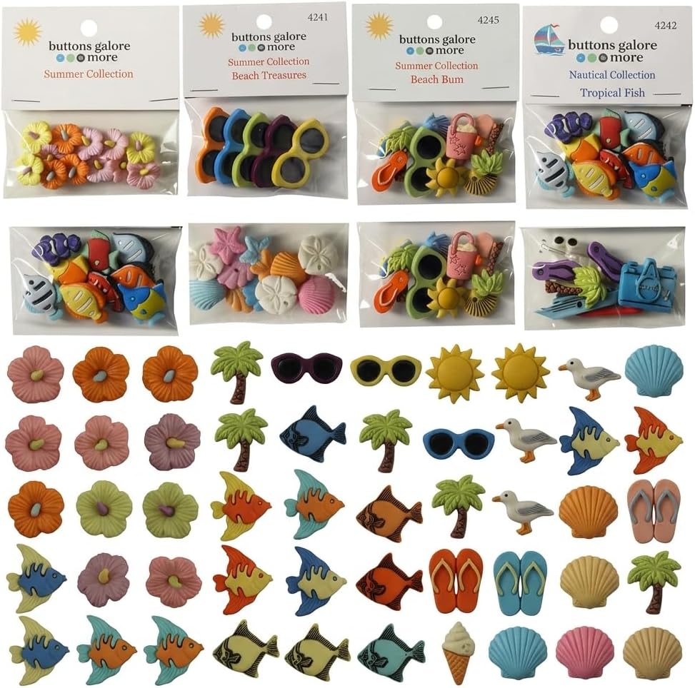 Buttons Galore Assorted Summer Buttons 50+ 3D Embellishments for Sewing, Knitting & Crafts – Includes Sea Creatures, Palm Trees, Sun, Flowers, Sunglasses, Flip Flops & More- Set of 6 Button Packs