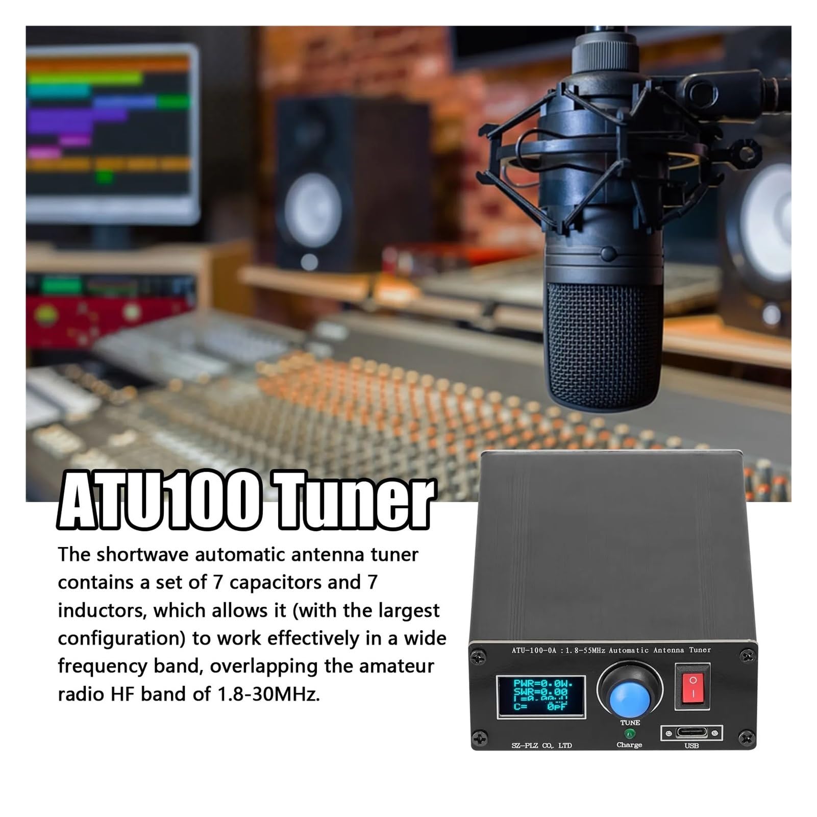 Mini automatyczny tuner antenowy 1,8–55 MHz 0,91-calowy wyświetlacz OLED Obudowa ze stopu aluminium z baterią 1500 mAh dla profesjonalistów i majsterkowiczów
