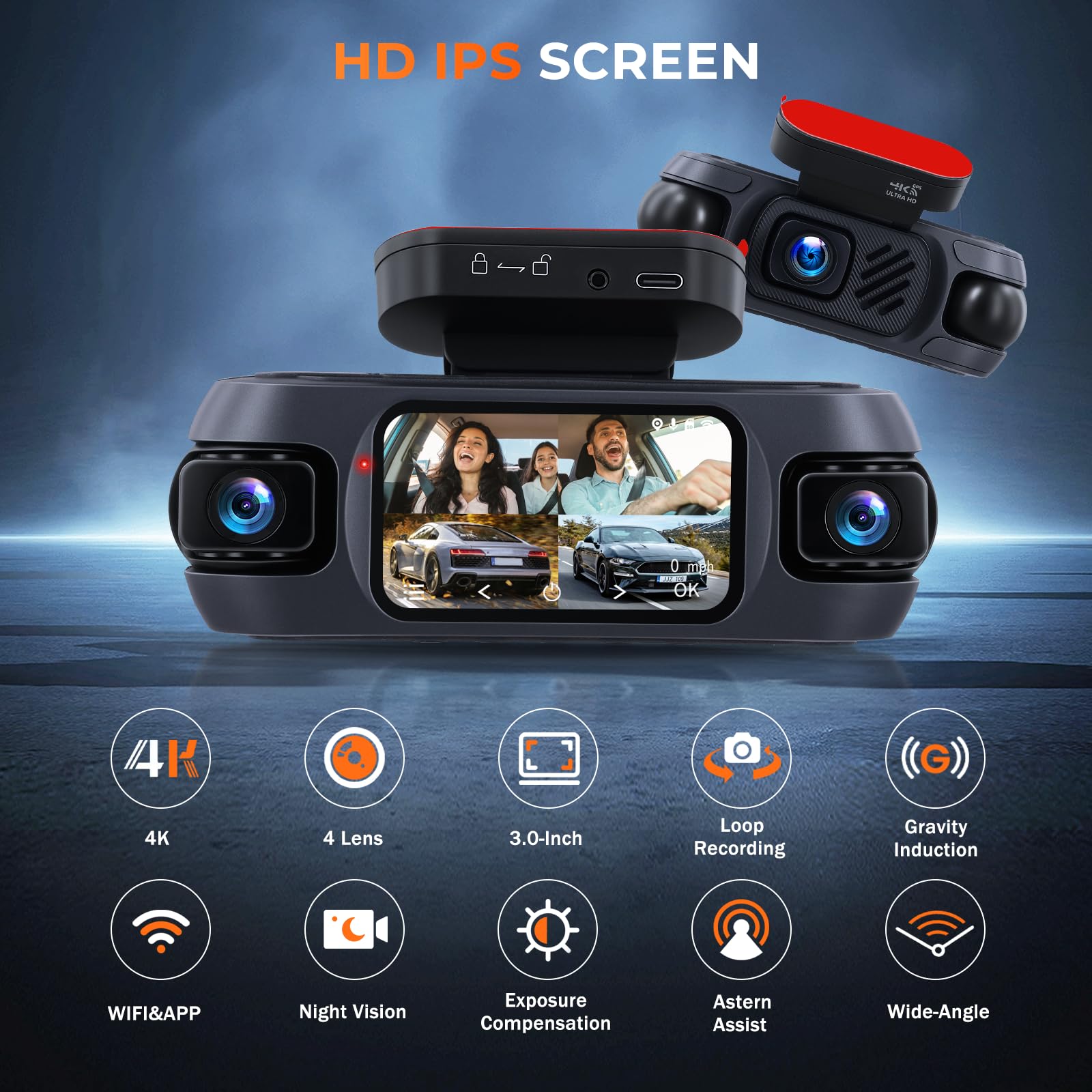 Hikity Cámara de Salpicadero 4K con 4 Canales | Control Wi-Fi y Aplicación, Pantalla IPS de 3'', GPS, Grabación Nocturna y Cámara de Marcha Atrás
