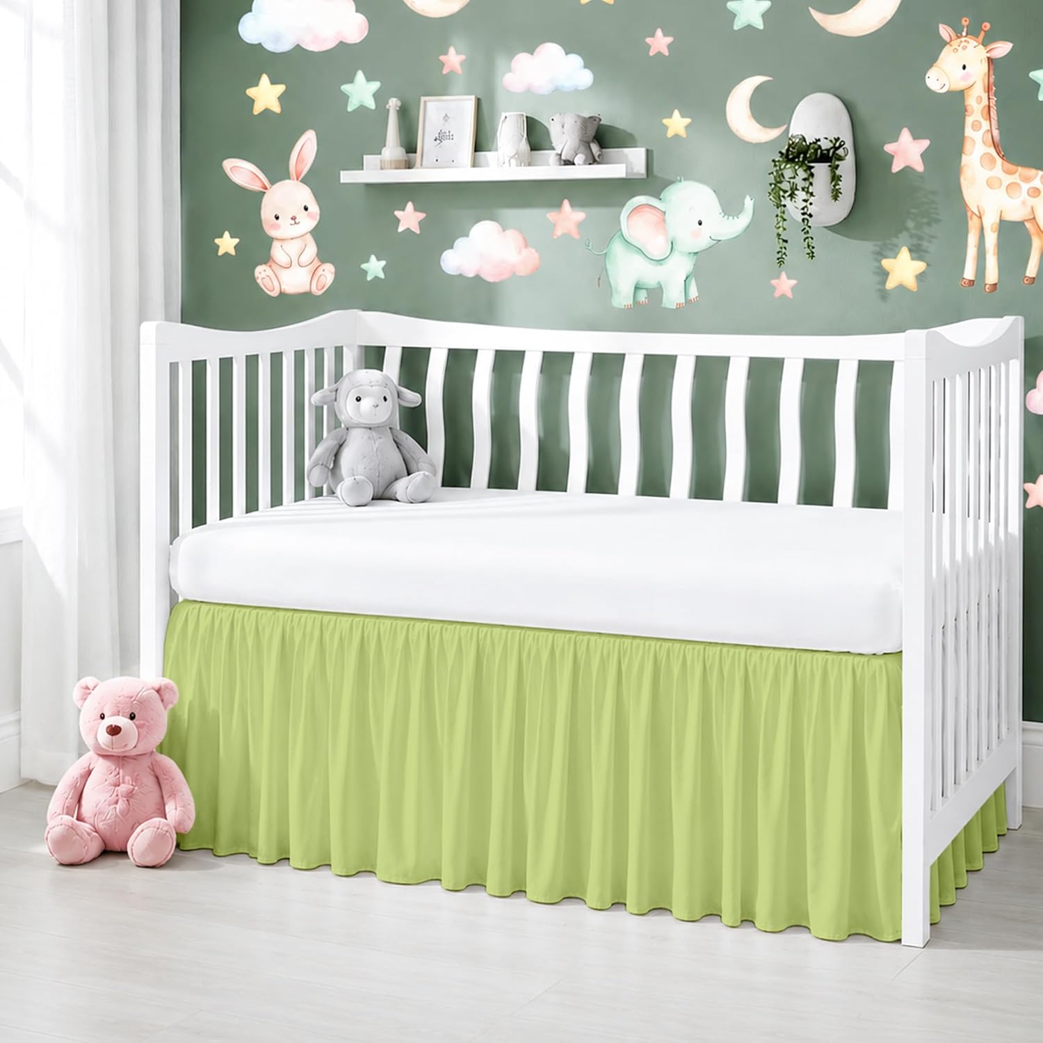 Crib Bed Skirt Dust Ruffle with Split Corners, 100% Cotton, Sage Nursery Crib Skirt for Baby Boys or Girls, 28x52, 14" Drop, Toddler Bed Skirt, Baby Bedding, Crib Sheet Skirt, Soft & Breathable