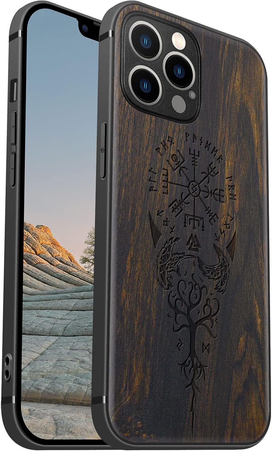 Carveit Magnetic Wood Case for iPhone 12 Pro Case [Hard Real Wood & Soft TPU] Shockproof Hybrid Protective Unique & Classy Wooden Cover Compatible with MagSafe (Viking Compass Vegvisir-Blackwood)