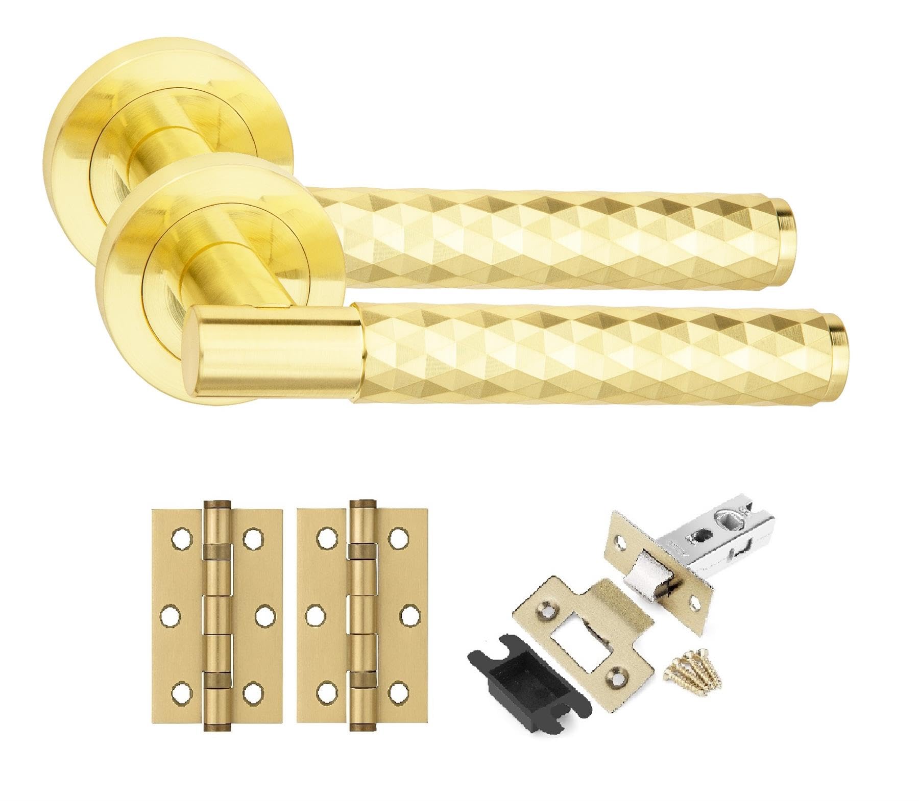 Golden Grace Knurled Diamond Cut T-Bar Bathroom Door Handle Set Thumbturn and Dead Bolt Ball Bearing Hinges Satin Brass