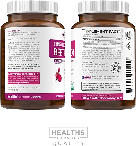 Miniatura 7 de Polvo de raíz de remolacha orgánica USDA (60 tabletas) 1350 mg de remolacha por porción con pimienta negra para mayor absorción, suplemento súper