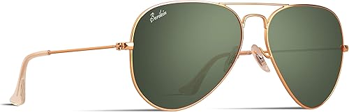 Berikin Gafas de sol clásicas estilo aviador para hombres y mujeres, 100% protección UV400, 2.441in, lentes de cristal verde, marco de metal dorado