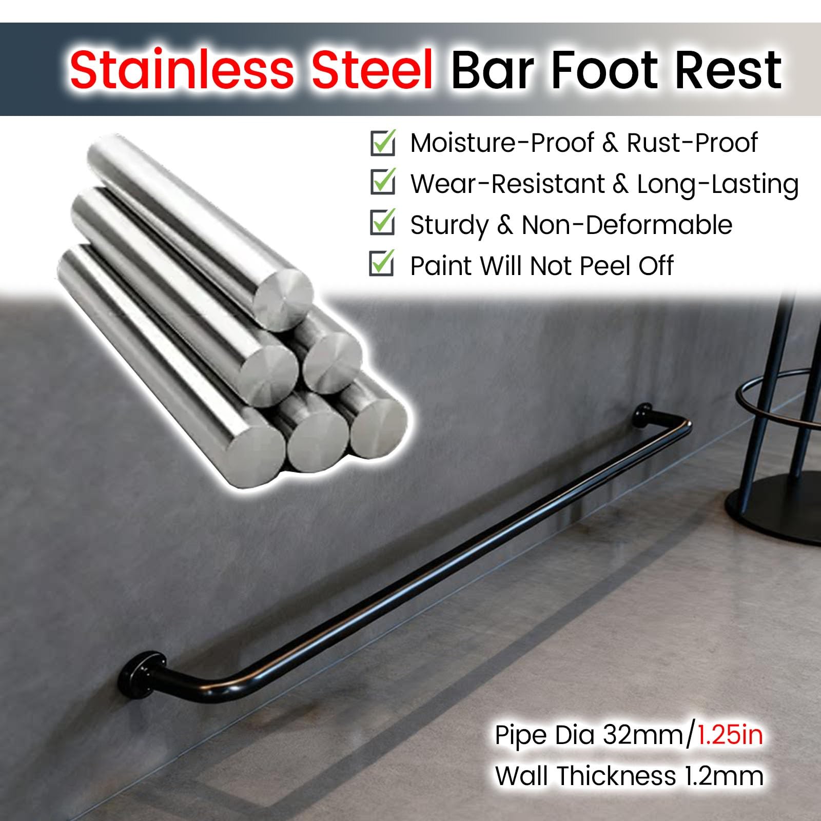 Barre de pied murale en acier inoxydable pour restaurant, pub, matériel de repose-pieds avec connecteur interne et vis, installation facile à faire soi-même, 5,2 m
