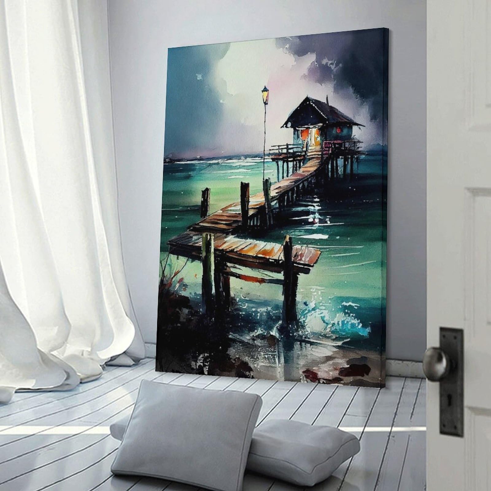 Junmoney Vibrant Watercolor Seaside Decorative Canvas Print, 24x36inch(60x90cm), for New Home Styling, Lounge Or Bedroom, Stylish Wall Art for Fresh Spaces