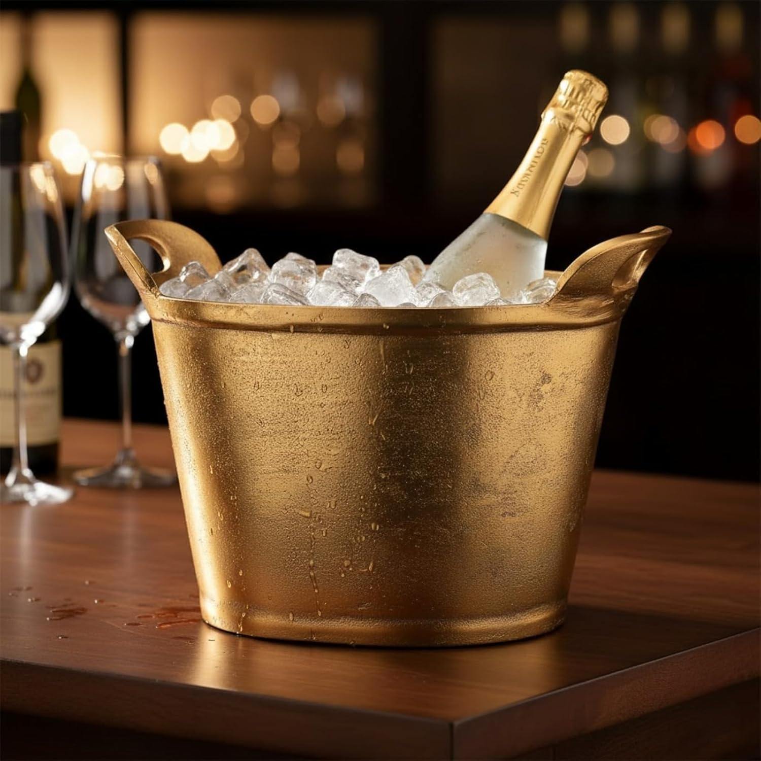 Solid Bronze Gold 12-Quart Double-Walled Insulated Ice Bucket & Champagne Cooler (13.4" x 9.45") | Premium Modern Barware Accessory Beverage Tub Wine, Beer, Drinks, Parties, Celebrations, Entertaining