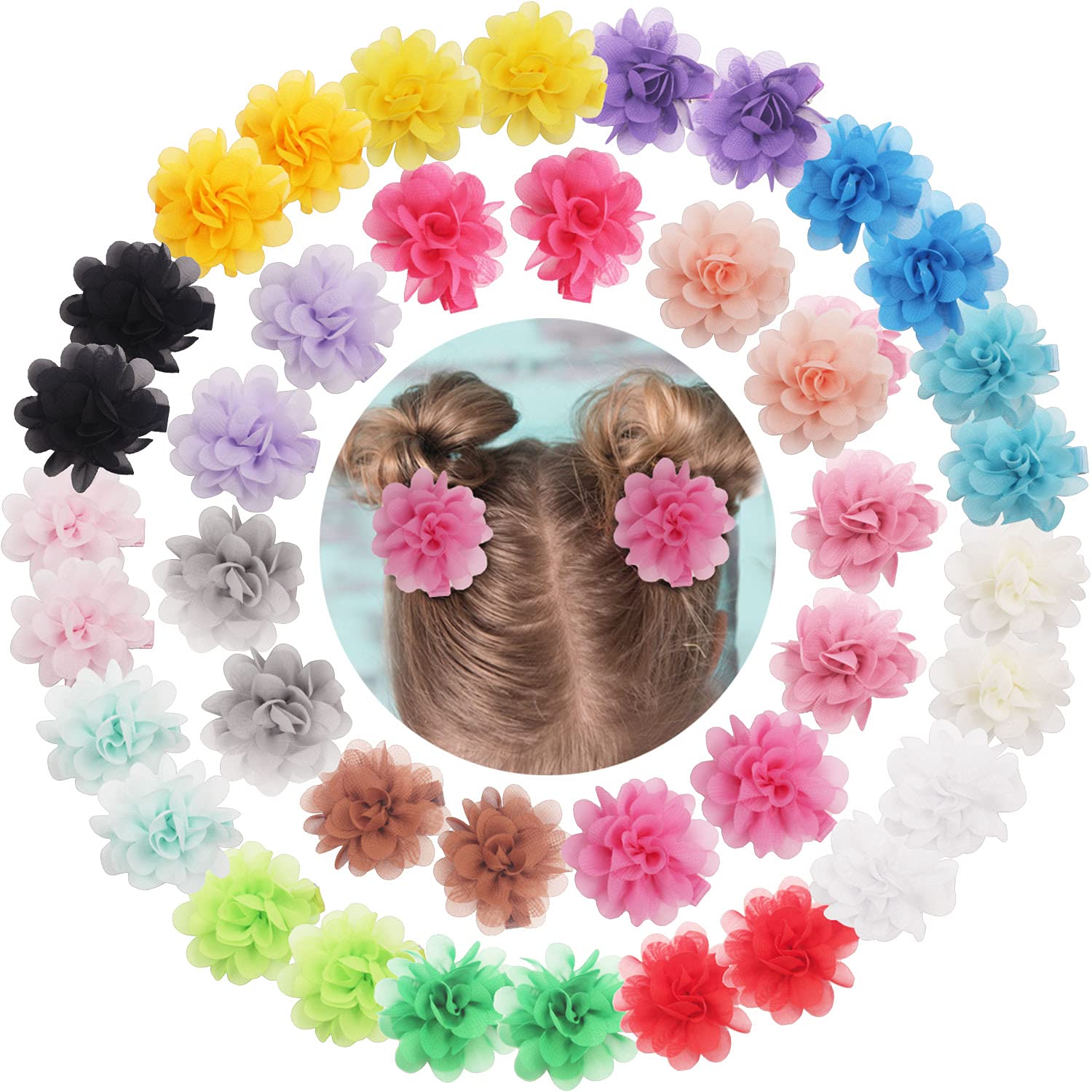 DeD 40PCS 2" Chiffon Flower Hair Bows Clips Flower Tiny Hair Clips Fine Hair for Girls Infants Toddlers Set of 20 Pairs - 