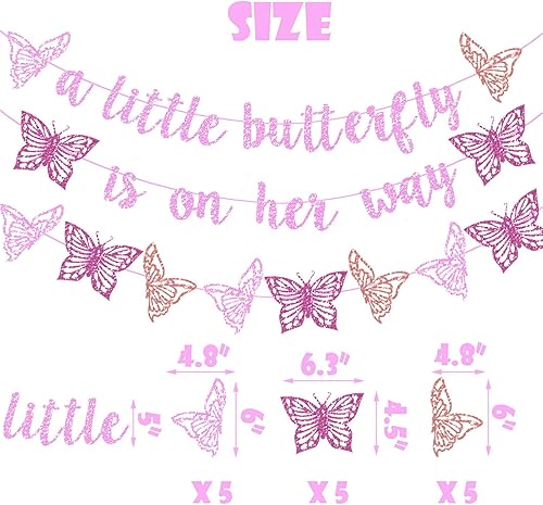 Miniatura 5 de Decoración de fiesta de baby shower con diseño de mariposa con purpurina rosa "A Little Butterfly Is On Her Way" para fiesta temática de mariposa,