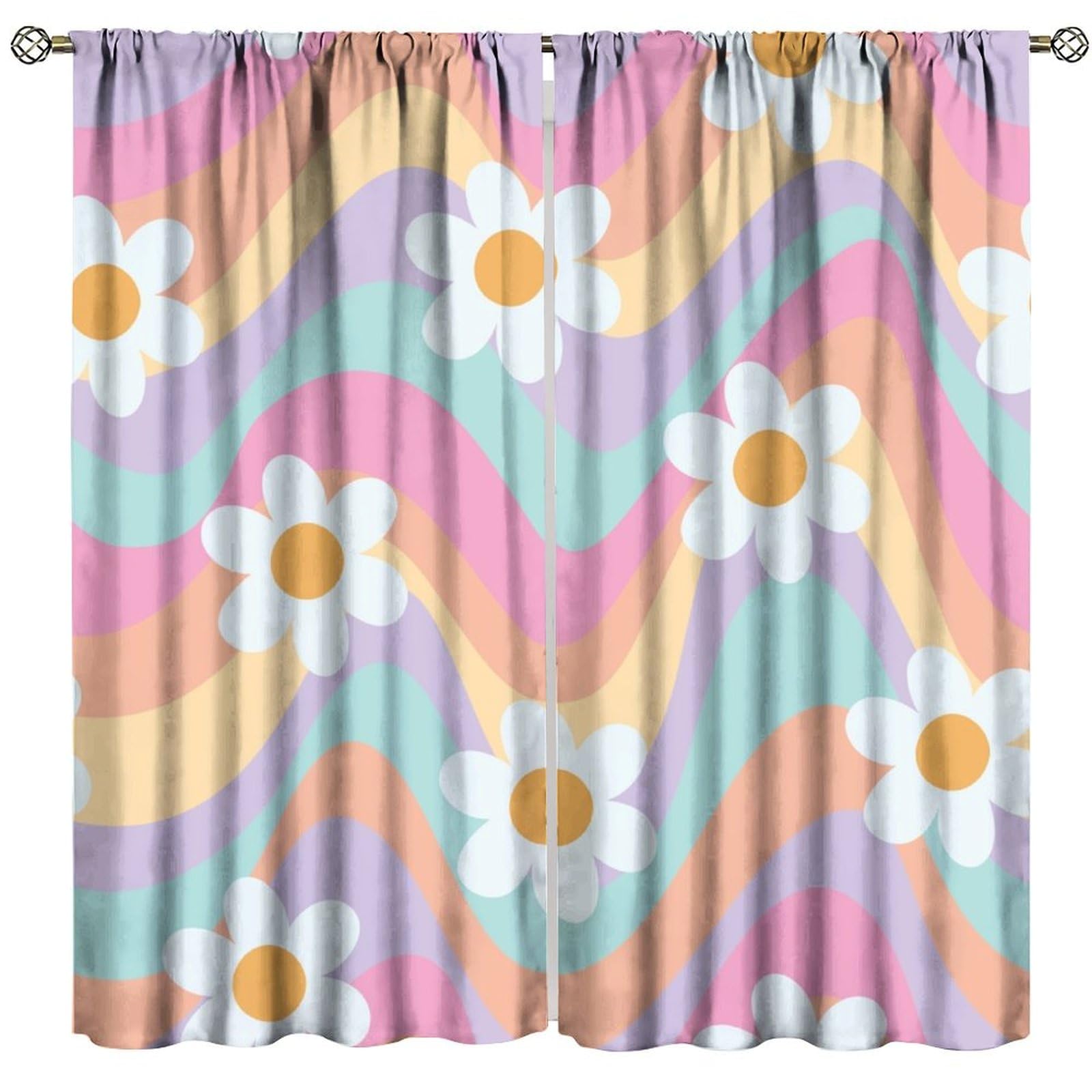 Flowers Rainbow Curtains 70s Boho Retro Hippie Mid Century Groovy Floral Blackout Window Drapes for Bedroom Living Room Kitchen Cafe Decor （W21xL45