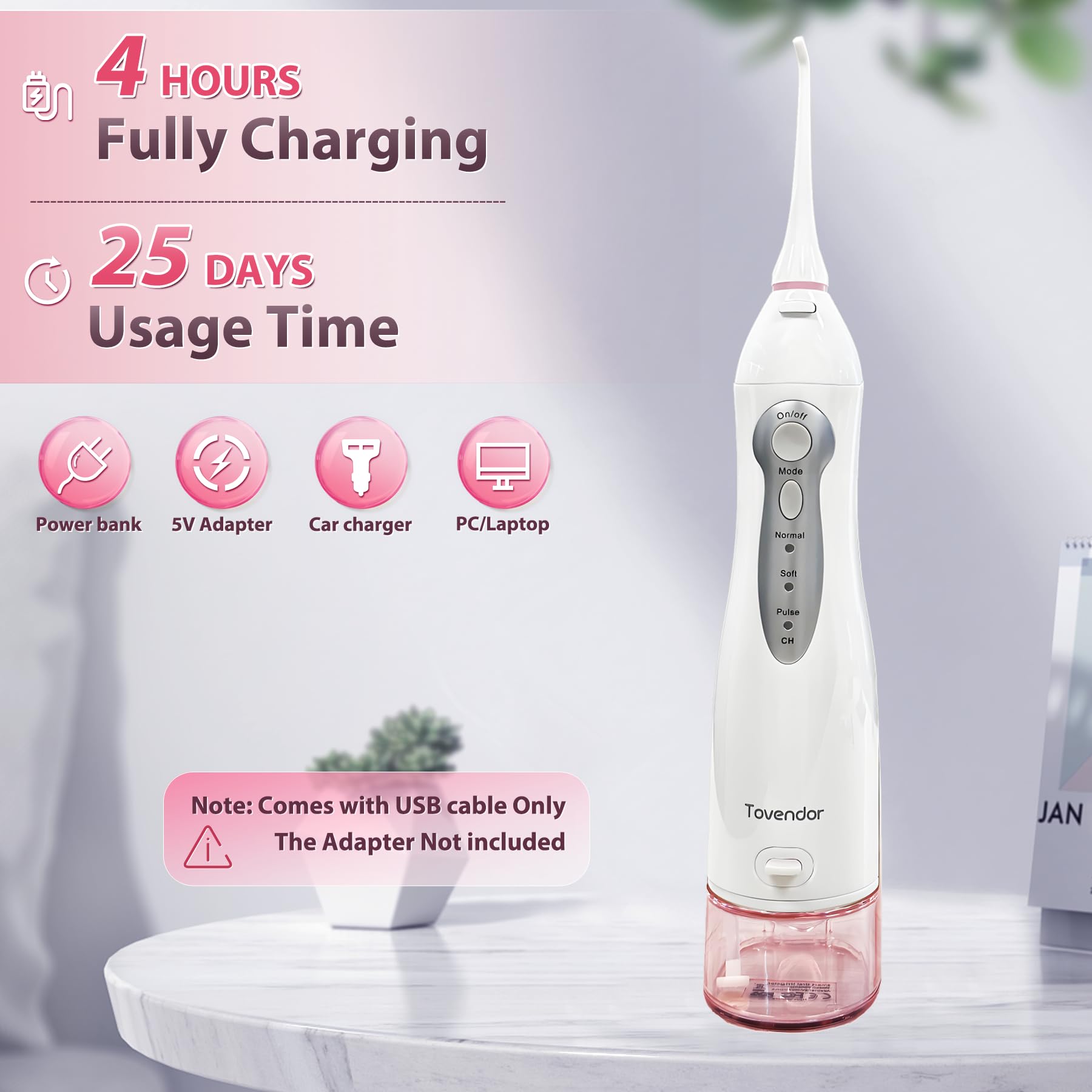 TOVENDOR Irrigador bucal eléctrico, irrigador bucal dental recargable inalámbrico IPX7, impermeable, 300 ml, limpiador de dientes de agua de viaje con 5 puntas para el cuidado de los frenos, limpieza
