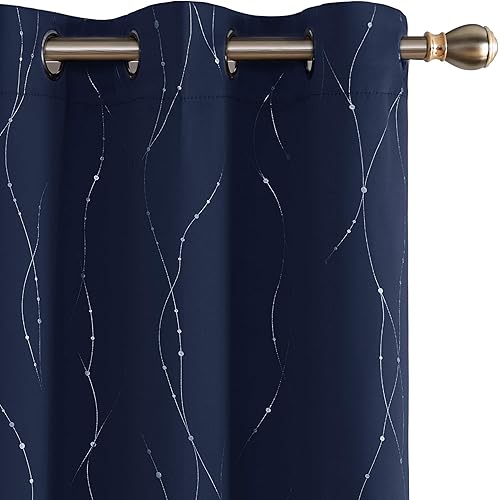 Deconovo Navy Blackout Curtains and Drapes 84 Inch Length 2 Panels Set - Bedroom Grommet Curtains with Floral Design （42 x 84 Inch, Navy Blue, 2 Panels