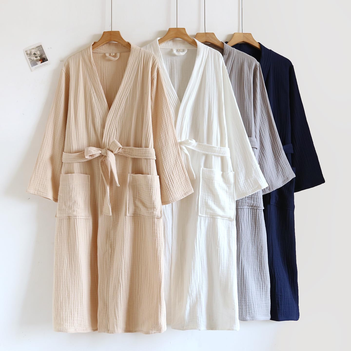 Accappatoio unisex in mussola per uomo e donna, 100% cotone, leggero, stile kimono, yukata, accappatoio da spa, pigiama,Blu,M