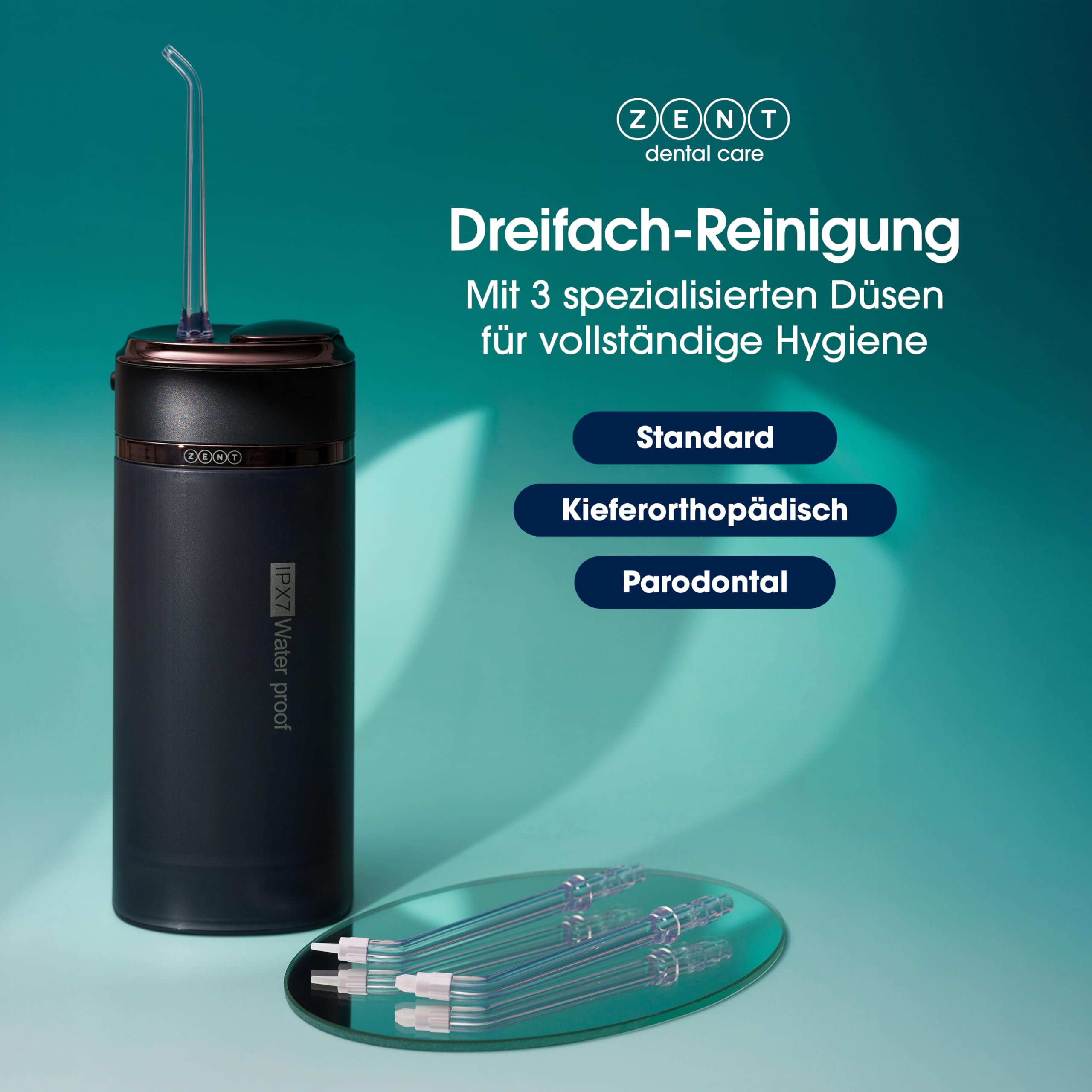 ZENT Munddusche kabellos Water Flosser mit 3 Aufsätzen Rosa | Die Munddusche bietet 360°-Rotationstechnologie, einstellbaren Wasserdruck, IPX7 Schutz und Zahnsteinentferner