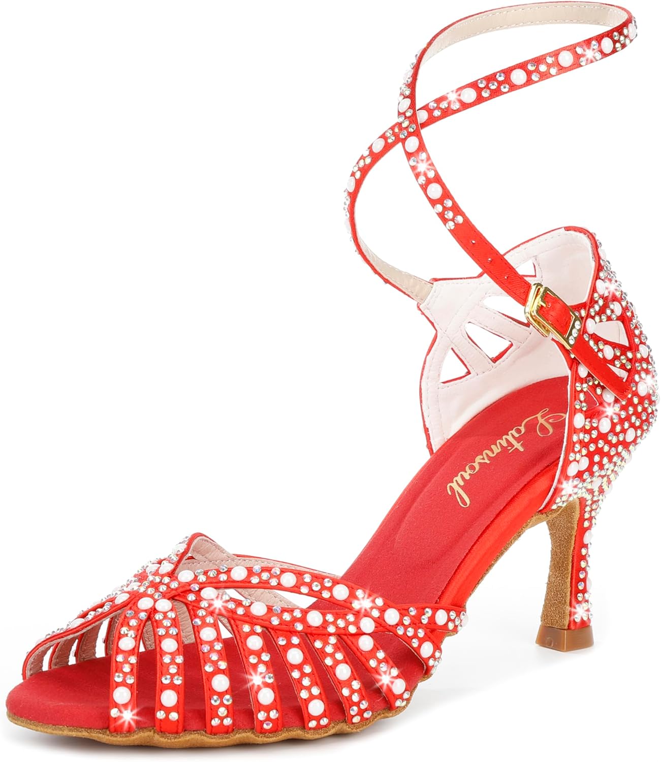 Latinsoul Y205-33 Women's Latin Dance Rhinestone High Heel Shoes Stylish and Comfortable Adjustable Ankle Strap Dance Sandals for Ballroom, Salsa Dance Shoes