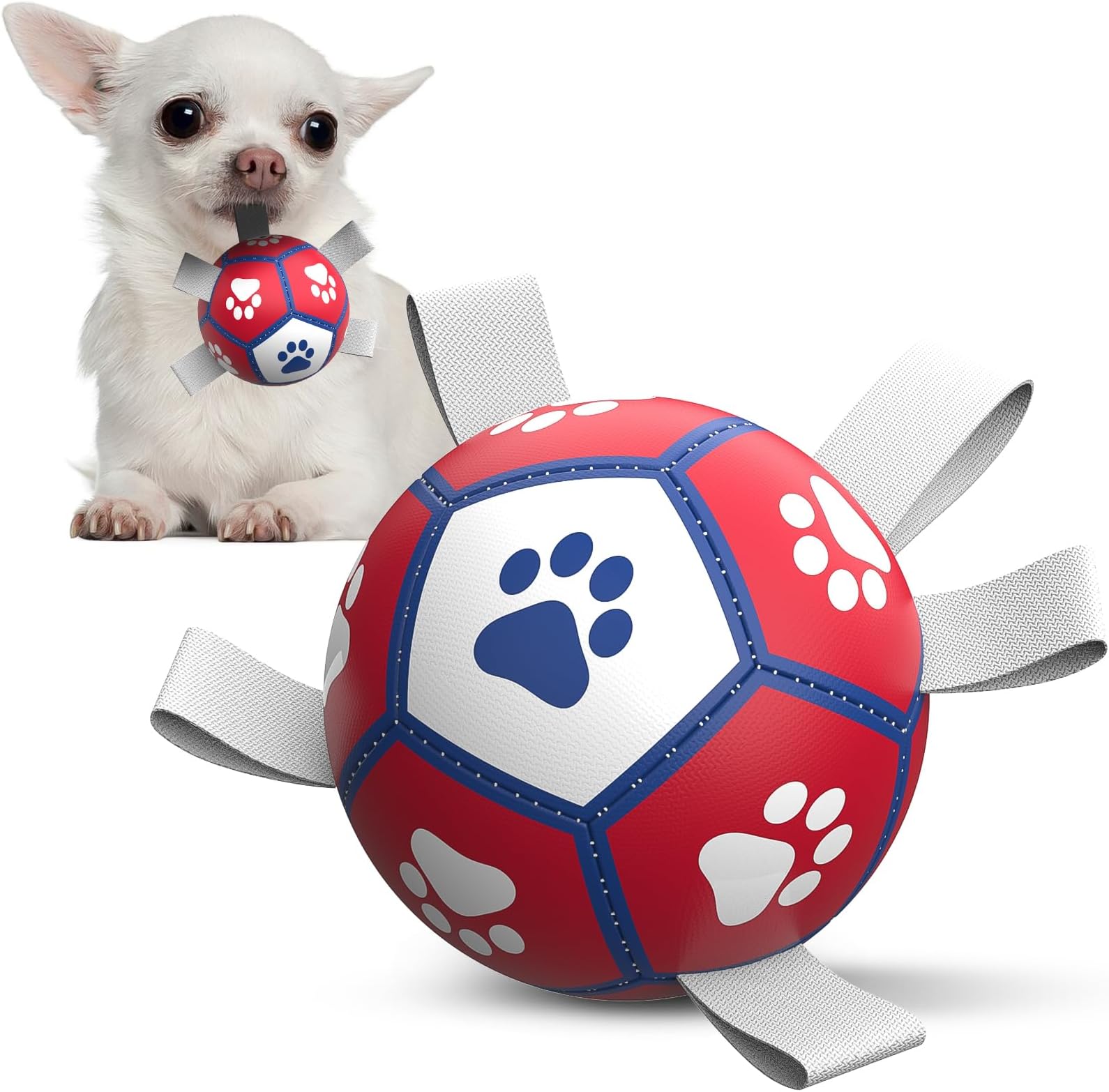 HETOO Dog Ball, Dog Toy Ball with Handle for Dogs, Interactive Towing of War, Water Dog Balls, Toy, Birthday Gift for Small/Medium Dogs (5 Inches, Red, White)