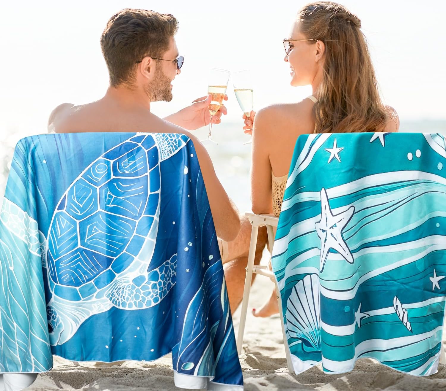 2 Pack Magnetic Beach Towel- 75"x30" Sea Turtle Wave Sand Free Quick Dry Microfiber Towel with Built-in Magnets Lightweight for Beach Chair Car Door Pool Travel Camping Yoga with Storage Bag
