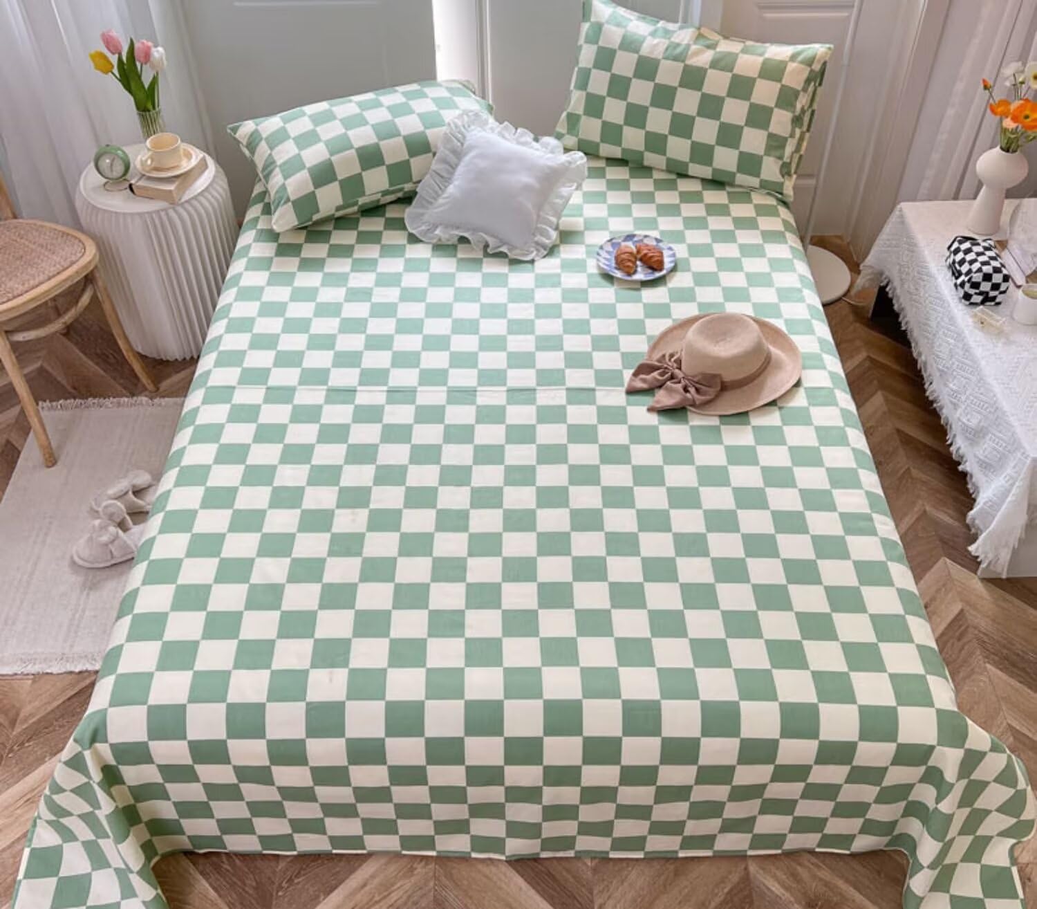 Parure de lit 4 pièces à carreaux sauge Houseri pour lit Queen - Draps et taies vichy