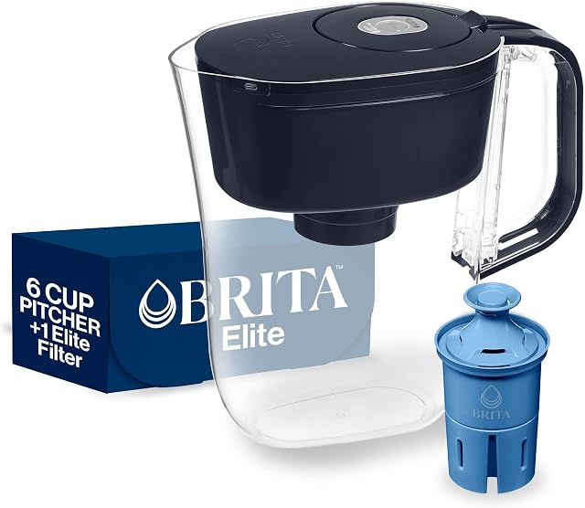 Brita 6 Pitcher filtre Elite avec indicateur de lumière intelligent, réduit 30+ Contaminants, y compris le plomb et les microplastiques, le filtre dure 6 mois, Denali, Noir