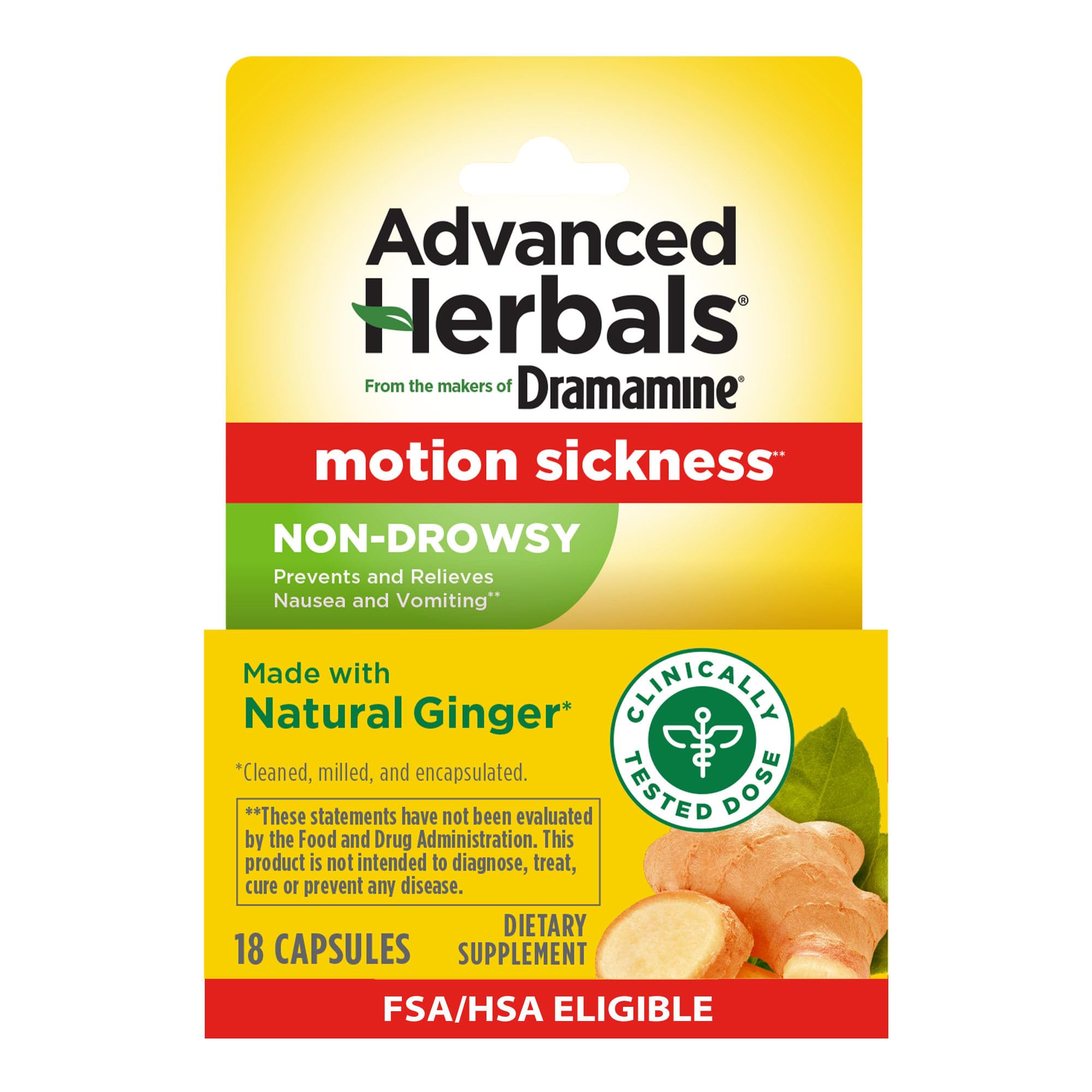 From the Makers of Dramamine, Advanced Herbals with Natural Ginger, for Nausea Relief, Morning Sickness Relief & Motion Sickness Relief During Travel, 18 Capsules