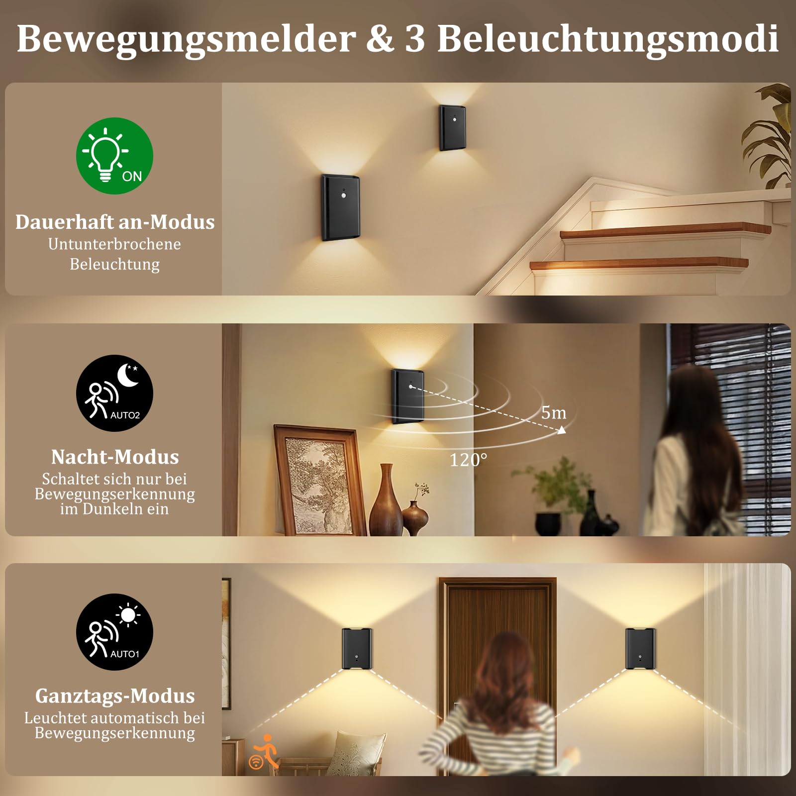 Toowell Wandleuchte Innen Akku mit Bewegungsmelder USB Aufladbar,4 Stück | 5000mAh Akku Wandlampe mit Fernbedienung Innen,Wandleuchte Ohne Stromanschluss mit 3 Modi,Schwarz Wandlampen für Schlafzimmer