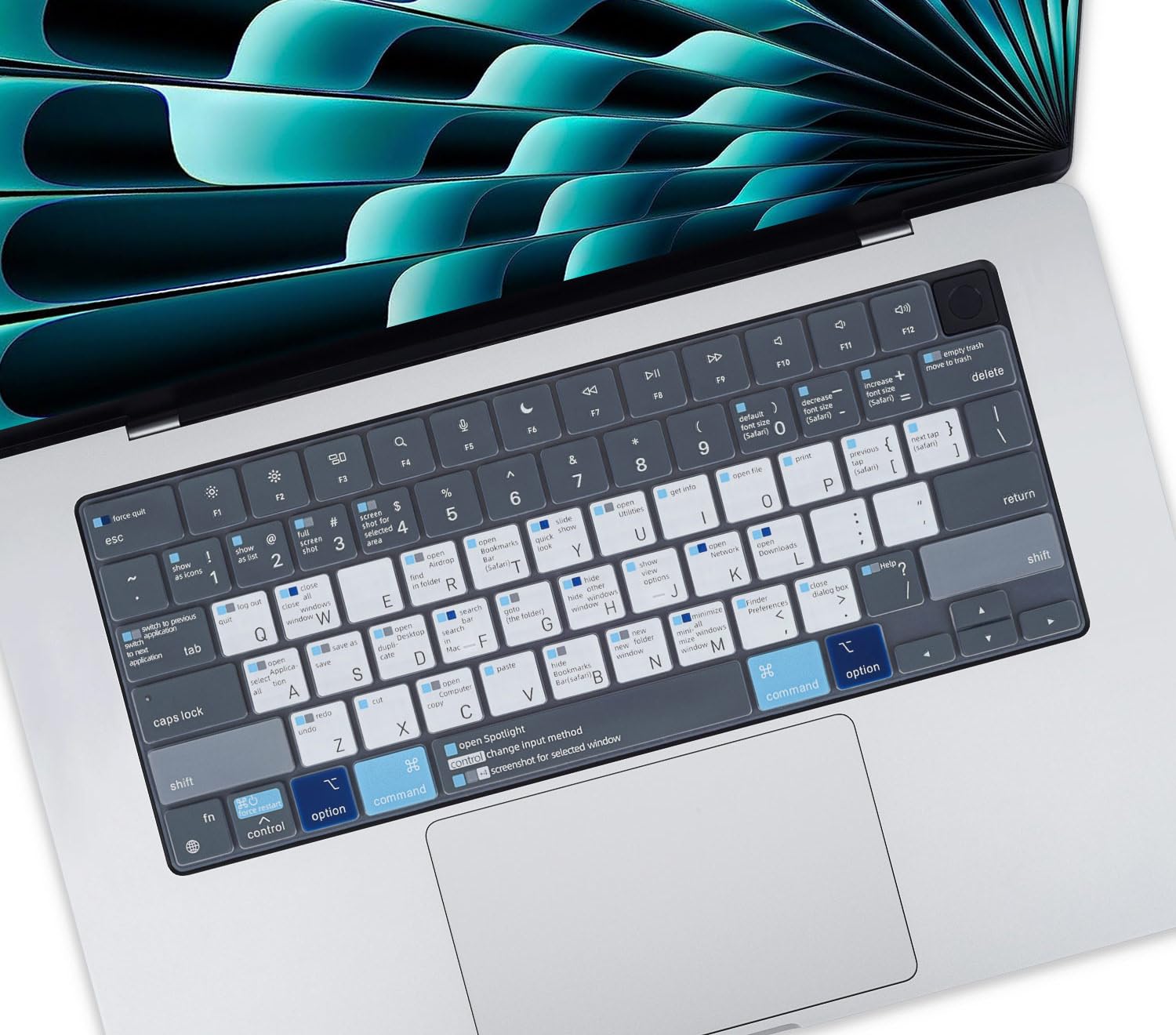 Keyboard Cover Compatible with 2025 2024 2023 Apple MacBook Air 15.3 Inch with M4 M3 M2 Chip A3241 A3114 A2941, MacBook Air 15.3" with MAC OS X Shortcuts Hotkey Keyboard Skin Protector-Blue