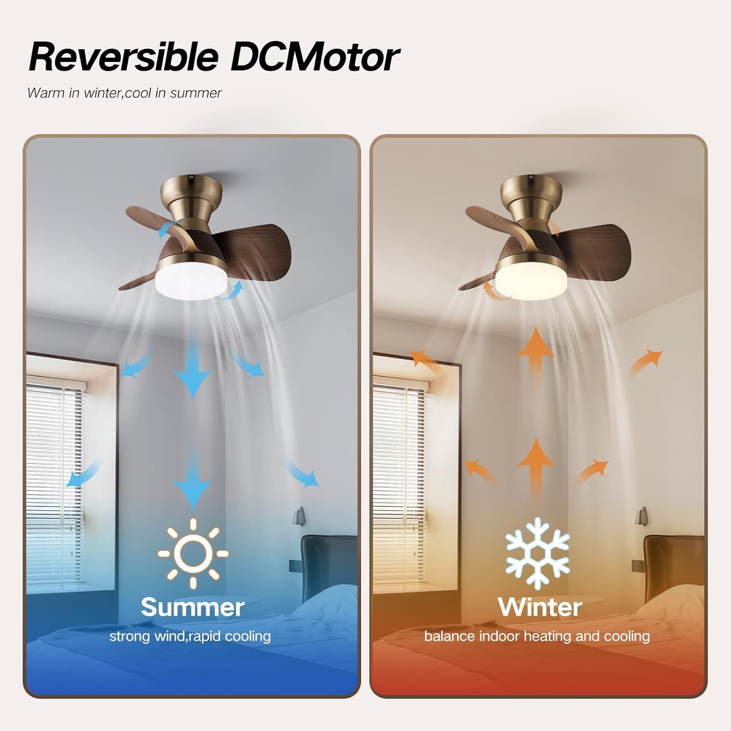 20 Inch Ceiling Fan with Light，3 Solid Wood Blades，Brass with Light with Remote Control Small Ceiling Fan， Suitable for Living Room, Dining Room，Bedroom