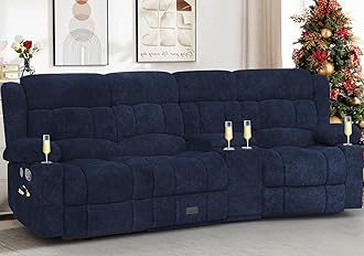 Recliner Sofa with Storage Console, Flip Middle Backrest Design 3 Seat Reclining Sofa with Storage Drawer, USB Ports & Cup Holders, Manual Couch for Living Room (Blue, 3 Seater + Console)