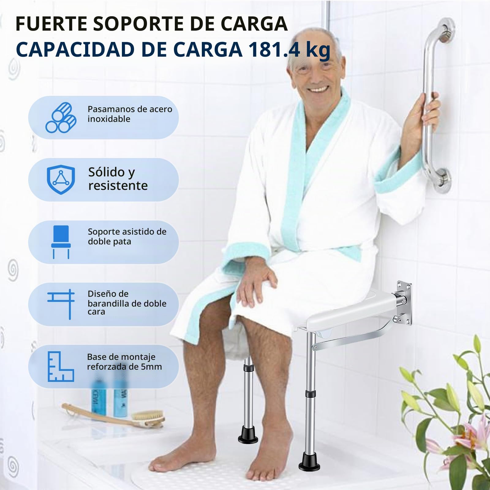 Silla Ducha Plegable, Asiento Ducha Plegable Pared Montada | Silla Abatible Ducha Montado en la Pared, Silla Antideslizante Plegable Cuarto Baño para Discapacitado 180 kg
